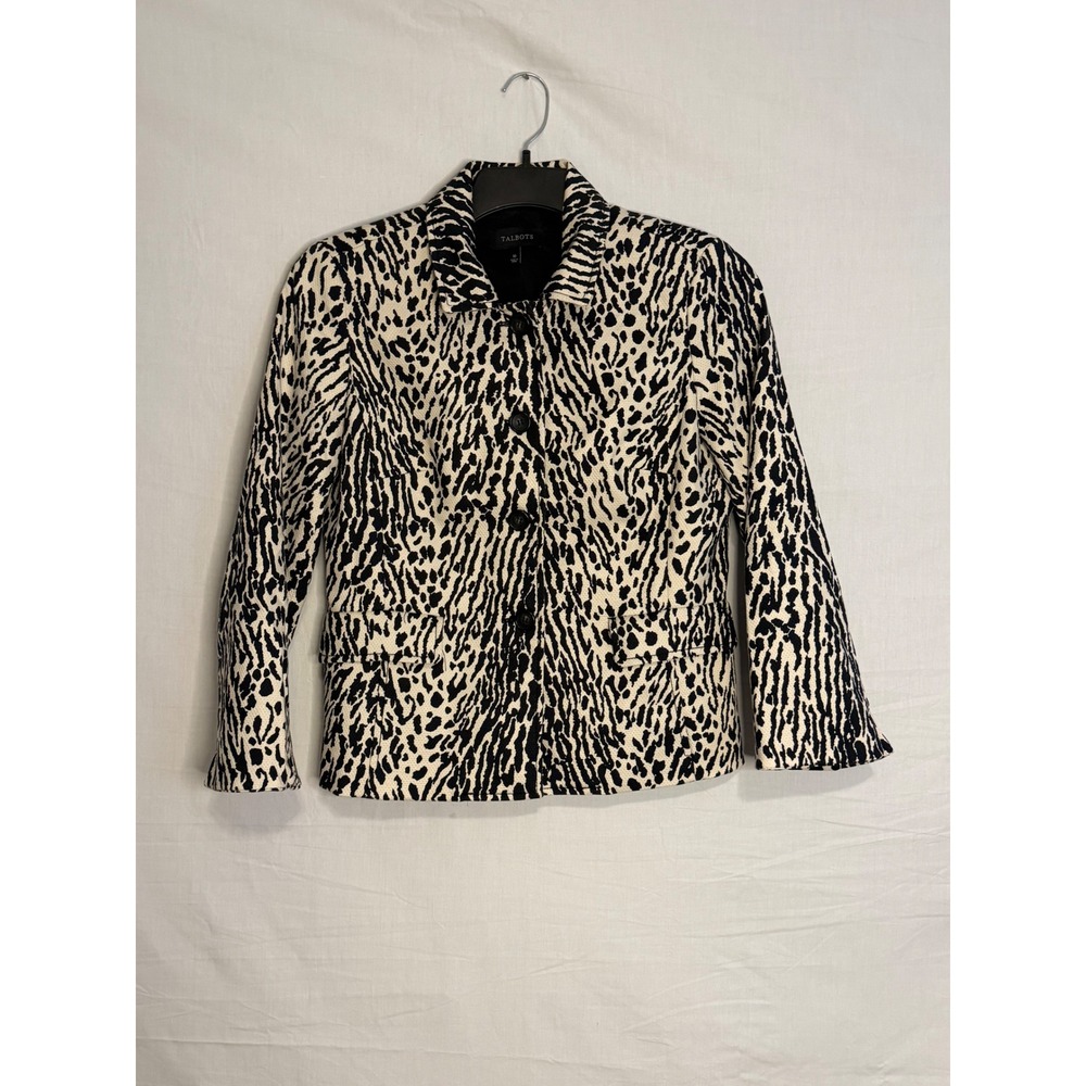 Talbots Women Black White Animal Print Blazer Jacket Size 10 Cotton Stretch